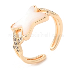 Anello a polsino aperto incrociato con conchiglia naturale e zirconi cubici, anello in ottone per le donne, vero placcato oro 18k, diametro interno: 16.8mm