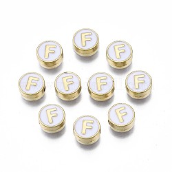 Legierung Emaille-Perlen, cadmiumfrei und bleifrei, Licht Gold, flach rund mit Alphabet, weiß, Buchstabe f, 8x4 mm, Bohrung: 1.5 mm