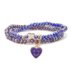 Round Glass Evil Eye Triple Layer Multi-strand Bracelet, Alloy Enamel Heart with Smiling Face Charm Stretch Bracelet for Women, Purple, Inner Diameter: 2-1/4 inch(5.7cm)