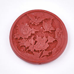 Abalorios de cinabrio, laca tallada, plano y redondo con flor, rojo, 49x9mm, agujero: 1.8 mm