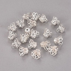 Cappucci di perline in filigrana di campana di ferro placcato, fiore, 4 -petal, argento, 9x6mm, Foro: 1.5 mm