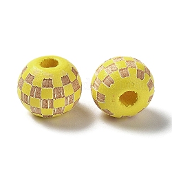 Деревянные бусины в клетку тартан с лазерной гравировкой, круглые, окрашенные, для diy craft, желтые, 9.5~10x8.5 мм, отверстие : 3 мм