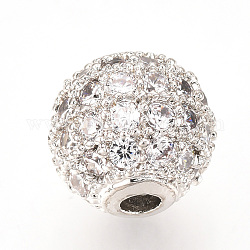 Perles de zircone cubique micro pave en Laiton, ronde, clair, platine, 8mm, Trou: 1.5mm