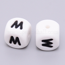 Silicone Beads, Cube with Letter.W, White, 12x12x12mm, Hole: 2mm