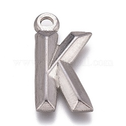Colgantes de 304 acero inoxidable, alfabeto, letter.k, 16x8x2mm, agujero: 1.4 mm