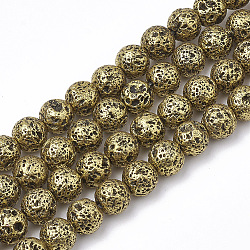 Electroplated Natural Lava Rock Beads Strands, Round, Bumpy, Dark Goldenrod, 10~10.5mm, Hole: 1.2mm, about 37~40pcs/strand, 14.9~15.1 inch(38~38.5cm)