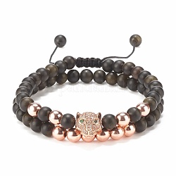 2pcs 2 bracelets de perles tressées en obsidienne naturelle et hématite synthétique serties de léopard en zircone cubique, bijoux en pierres précieuses pour femmes, or rose, diamètre intérieur: 2-1/4~3-3/8 pouce (5.7~8.5 cm), 1pc / style