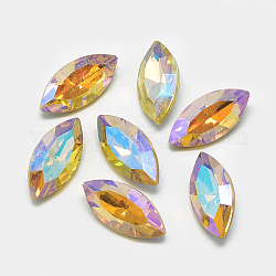 Pointed Back Glass Rhinestone Cabochons, Back Plated, Faceted, AB Color Plated, Horse Eye, Gold, 15x7x4mm