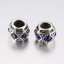 Perles européennes en alliage avec strass de style tibétain, Perles avec un grand trou   , baril, argent antique, bleu royal, 10x8mm, Trou: 5mm