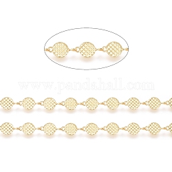 Textured Brass Handmade Link Chains, with Spool, for Craft Jewelry Making, Long-Lasting Plated, Unwelded, Flat Round, Real 18K Gold Plated, 10.5x6x0.5mm, about 32.8 Feet(10m)/roll