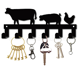 鉄の壁に取り付けられたフックハンガー  6つのフックが付いている装飾的なオーガナイザーラック  バッグ服用キースカーフハンギングホルダー  牛と豚と鶏  ガンメタ色  11x27cm