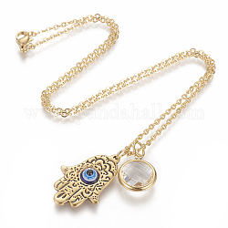 304 Stainless Steel Pendant Necklaces, with Plastic Beads and Glass, Hamsa Hand/Hand of Fatima/Hand of Miriam with Eye, Golden, 17.7 inch(45cm), 1mm