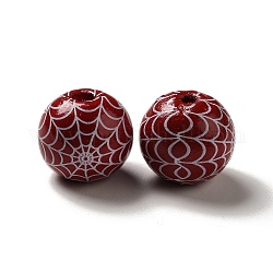 Toiles d'araignées imprimées halloween perles européennes en bois coloré, Perles avec un grand trou   , ronde, rouge foncé, 16mm, Trou: 4mm