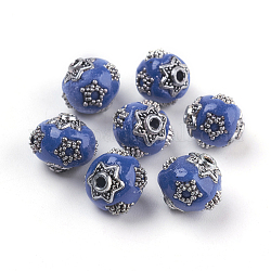 Perline  indonesia fatto a mano, con accessori metallico, tondo, argento antico, blu fiordaliso, 11~11.5x10.5~11mm, Foro: 1.5 mm