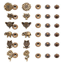 Nbeads 30 набор 6 стильных латунных кнопок, Сплав крышкой, хлопчатобумажная одежда покрывает пряжку, античная бронза, слон и сова и дерево жизни, Смешанные узоры, 14.5~27.5x15~22.5x4.5~9 мм, 4 шт / комплект, 5 комплект / стиль