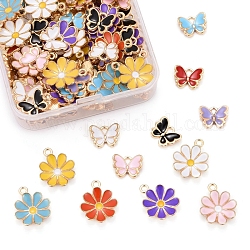 120pcs 12 styles de pendentifs en émail en alliage, fleur et papillon, or clair, 10 pièces / styles