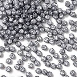 Opaque Acrylic Beads, with Enamel, Flat Round with Random Letter, Gray, 7x3.7mm, Hole: 1.2mm, about 3600pcs/500g