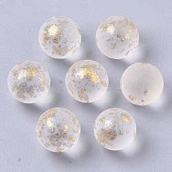 Perles de verre dépoli peintes à la bombe transparente, avec une feuille d'or, pas de trous / non percés, ronde, blanc crème, 8mm