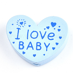 Cuentas de madera naturales, teñido, corazón con palabra amo bebe, para el dia de san valentin, azul claro, 23x29x7mm, agujero: 2.5 mm
