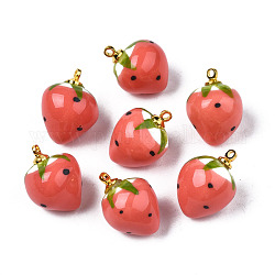 Handgemachte Porzellan-Anhänger, mit vergoldenden Messing Zubehör, famille rose-Stil, 3 d Erdbeere, Tomate, 18~20x13.5~15 mm, Bohrung: 1.6 mm