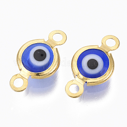Conectores de enlaces de murano de ojo malvado hecho a mano, con 304 fornituras de acero inoxidable, plano y redondo, dorado, azul, 12.5x7x2.5mm, agujero: 1.5 mm