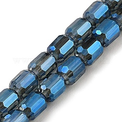 Electroplate transparentes abalorios de vidrio hebras, facetados, columna, azul, 5.5x4mm, agujero: 1 mm, aproximamente 75 pcs / cadena, 15.55~15.67 pulgada (39.5~39.8 cm)