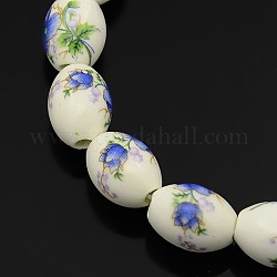 Fiori fatti a mano perline in porcellana stampata ovali fili, blu royal, 16x11mm, Foro: 3 mm, circa 23pcs/filo, 14 pollice