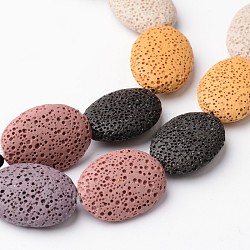 Brins de perles de pierre de lave naturelle, teinte, Ovale Plat, couleur mixte, 32~33x24~25x7.5~9mm, Trou: 2mm, Environ 12 pcs/chapelet, 16 pouce