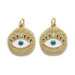 5Pcs Brass Enamel Pendants, with Jump Ring, Long-Lasting Plated, Real 18K Gold Plated, Flat Round with Evil Eye, Seashell Color, 19x16x2mm, Hole: 3.6mm