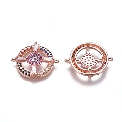 Brass Micro Pave Cubic Zirconia Links connectors, Compass, Rose Gold, 17x21.2x4mm, Hole: 1mm