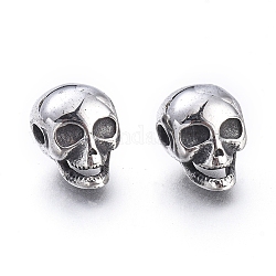 Perles en 304 acier inoxydable pour halloween, tête crâne, argent antique, 12x8.5x9mm, Trou: 1.8mm