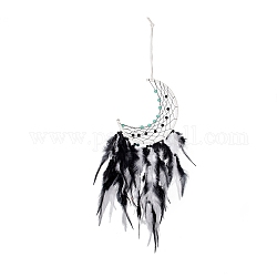 Tela/red tejida de hierro con adornos colgantes de plumas, de abalorios de plástico, cubierto con cordón de cuero, luna, en blanco y negro, 570mm
