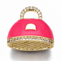 Brass Micro Pave Cubic Zirconia Enamel Pendants, Nickel Free, Bag, Real 16K Gold Plated, Deep Pink, 17x18x9.5mm, Hole: 4x5mm