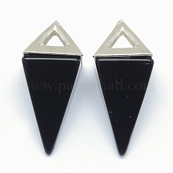 Natürlichen Obsidian Anhänger, mit Legierung-Zubehör, Dreieck, Platin Farbe, 34x14x14.5 mm, Bohrung: 4x6 mm