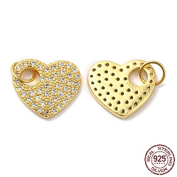 925 Sterling Silver Micro Pave Cubic Zirconia Charms, Heart Charm, with Jump Ring, Real 18K Gold Plated, 11x12.5x1.5mm, Hole: 4mm
