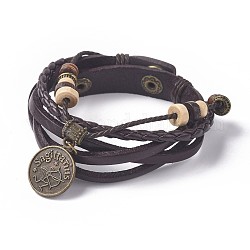 12 bracelets constellation, cordon en cuir avec les accessoires en laiton, plat rond, Sagittaire, 8-5/8 pouce (22 cm)
