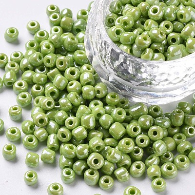 Glass Seed Beads, Opaque Colors Lustered, Round, Green Yellow, 4mm, Hole:  1.5mm, about 4500pcs/pound