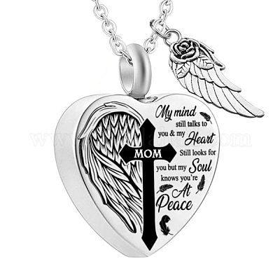 Heart and Wing Urn Ashes Pendant Necklace, Cross with Word Mom 316L  Stainless Steel Memorial Jewelry for Men Women, Word, 18.9 inch(48cm)