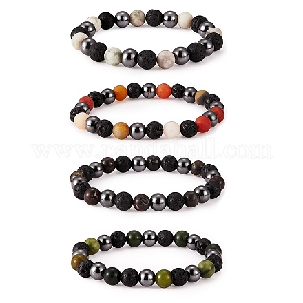 Ensemble de bracelets extensibles en perles rondes avec pierres précieuses naturelles de style 4pcs 4 BJEW-SZ0002-19-1
