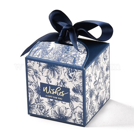 結婚式のテーマ折りたたみギフトボックス  花と言葉のある正方形はあなたとリボンへの贈り物を願っています  キャンディークッキー包装用  マリンブルー  7x7x8.3cm CON-P014-01A-1