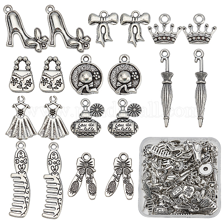 SUNNYCLUE 1 Box 100Pcs 10 Styles Perfume Charms High Heel Shoe Charm Tibetan Style Antique Silver Makeup Lipstick Bag Fashion Charm for Jewellery Making Charms Bracelet Earring Necklace Women DIY FIND-SC0003-11-1