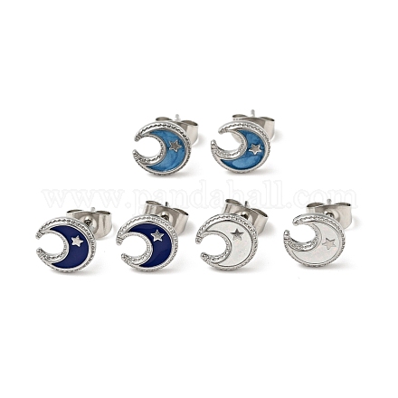 Enamel Crescent Moon with Star Stud Earrings with 316 Surgical Stainless Steel Pins EJEW-A081-09P-1