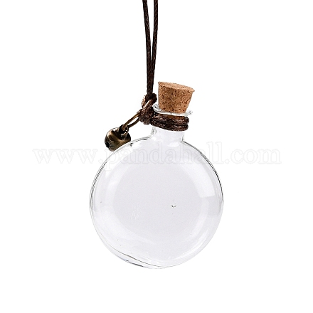 フラットラウンドいガラスのコルク瓶の飾り  ワックスコードと鉄の鐘で  ガラスの空のウィッシングボトル  ペンダントデコレーション用のDIYバイアル  透明  23.5cm  容量：5ml（0.17fl.oz） GLAA-D002-09-1