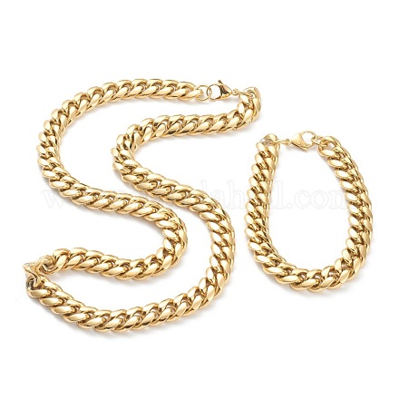 Placcatura ionica (ip) 304 set di gioielli per bracciali e collane con catena a maglia cubana in acciaio inossidabile SJEW-B019-03D-G-1