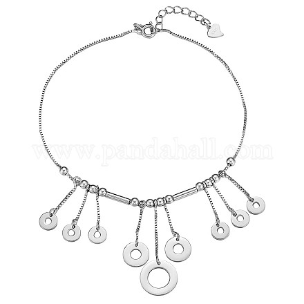 Bracelet de cheville à breloque donut en argent sterling plaqué rhodium avec perles tubulaires incurvées JA192A-1