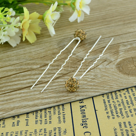 Lady's Hair Accessories Silver Color Iron Polymer Clay Rhinestone Ball Hair Forks PHAR-S187-01-1