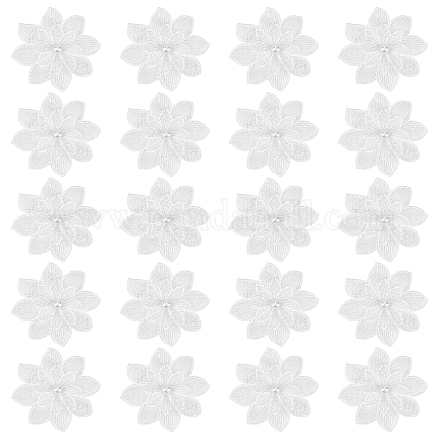 Gorgecraft 20 個 3d 花ポリエステルレースコンピュータ化された刺繍飾りアクセサリー  模造真珠ビーズ  DIY服用  バッグ  パンツ  靴の装飾  ホワイト  72x72x7.5mm DIY-GF0006-07-1
