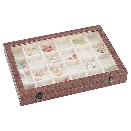 FINGERINSPIRE 24 Grids Vintage Solid Wood Jewelry Box Rectangle Wood Jewelry Storage Presentation Case with Clear Glass Window and Velvet Inside Rings Earrings Necklaces Display Organizer Holder CON-WH0095-33C-1
