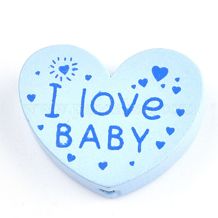 天然木のビーズ  染め  私は赤ちゃんを愛する言葉で心  バレンタインデーのために  ライトブルー  23x29x7mm  穴：2.5mm WOOD-T012-06D-1