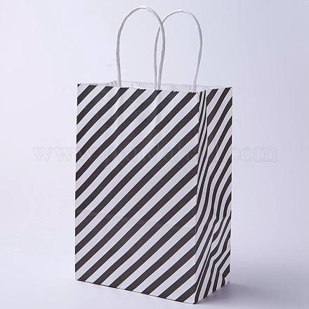 クラフト紙袋  ハンドル付き  ギフトバッグ  ショッピングバッグ  長方形  斜め縞模様  ブラック  27x21x10cm CARB-E002-M-L01-1